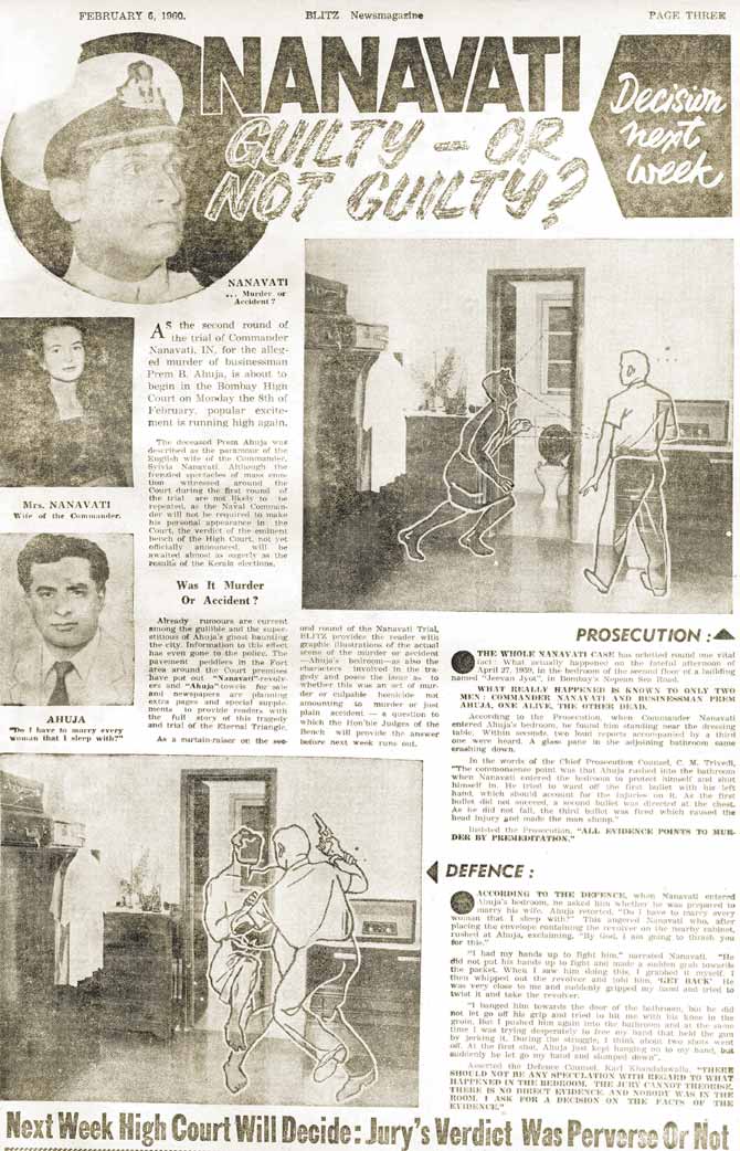 Wood cuts for the February 6, 1960 edition of Blitz contrasting the prosecution