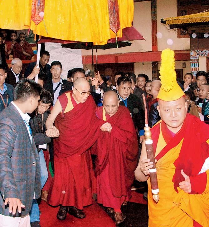 The Dalai Lama in West Kameng district of Arunachal. Pic/PTI