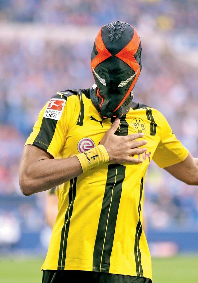 Dortmund striker Aubameyang with a mask on his face