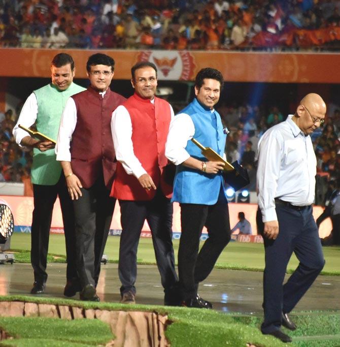 Indian cricket legends Sachin Tendulkar, Sourav Ganguly, Virender Sehwag and VVS Laxman after their felicitation at the opening ceremony of 10th edition of the Indian Premier League