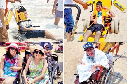 Sunshine Story: Disabled holidayers ride the waves at Goa's Candolim Beach