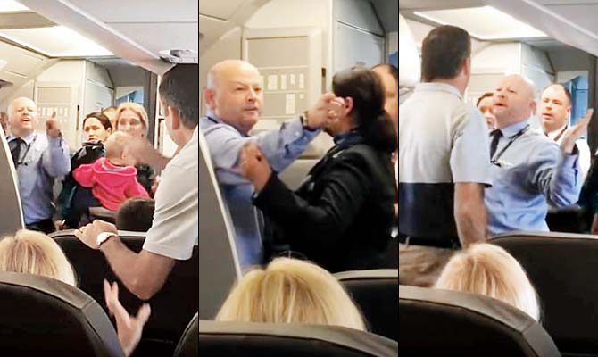 Video grabs show the flight attendant (in blue) during the altercation with a man who stepped in to defend the woman