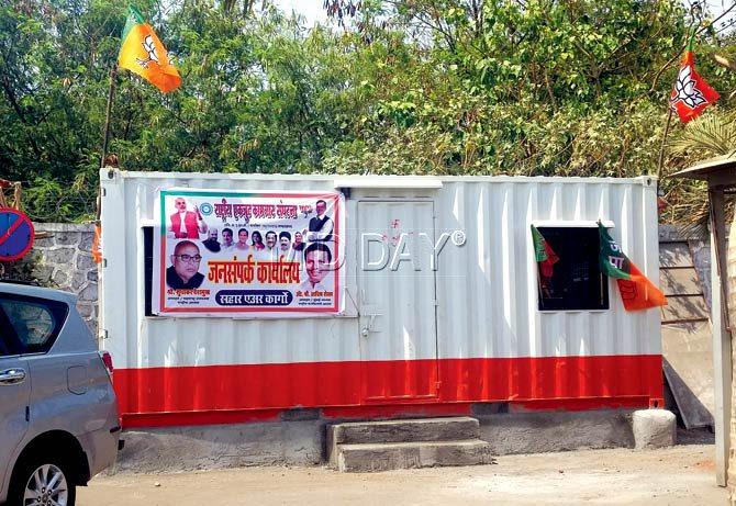 BJP office in a container at Sahar Cargo, Andheri East. Pic/Nimesh Dave