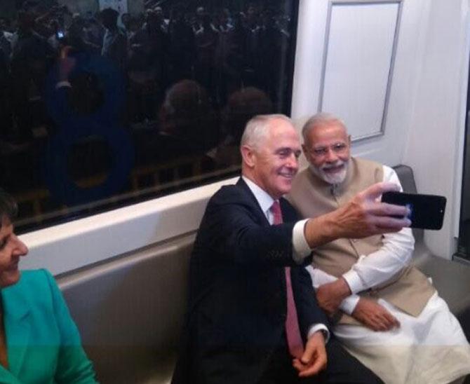 Narendra Modi, Australian PM Malcolm Turnbull take selfie Delhi Metro