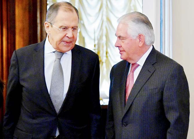 Sergei Lavrov and Rex Tillerson at a meeting in Moscow. Pic/AFP