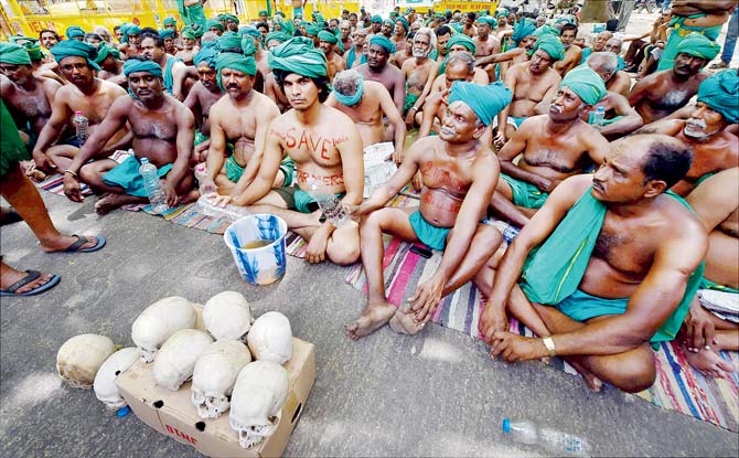 Tamil Nadu farmers during their protest at Jantar Mantar in New Delhi on Saturday. Pic/PTI