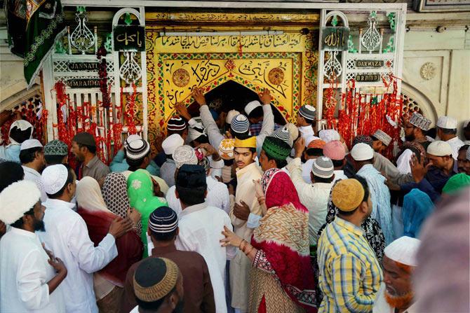 Pilgrims at the shrine of Sufi saint Khwaja Moinuddin Chishti during Urs festival in Ajmer on Monday