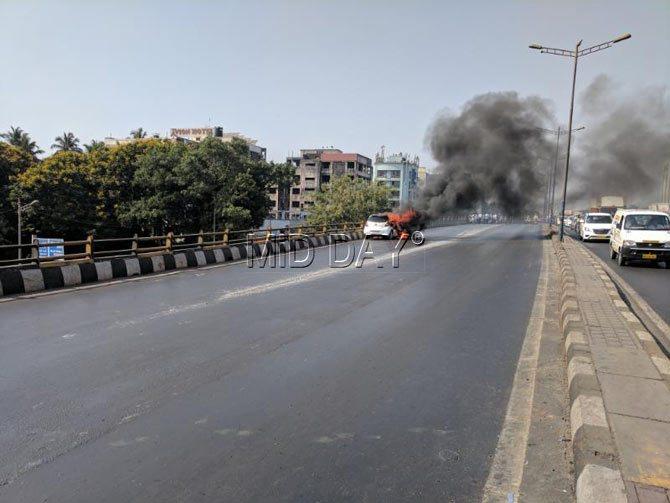 Several fliers en route to the domestic airport missed their flights after a car caught fire on Sahara Star flyover at Santacruz on the Western Express Highway (WEH) on Thursday afternoon