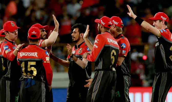 Yuzvendra Chahal of RCB celebrates the wicket of Dwayne Smith of GL during an IPL 2017 match in Rajkot on Tuesday. PTI Photo/Sportzpics