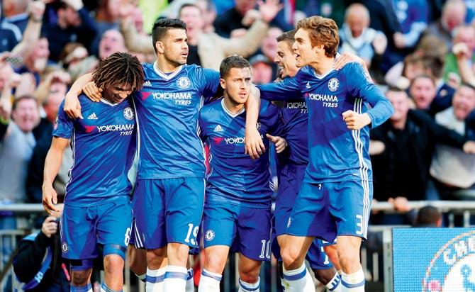 Chelsea players celebrate a goal vs Tottenham during the FAâÂÂu00c2u0080ÂÂu00c2u0088Cup semi-final clash at London on Saturday. Pic/Getty Images 