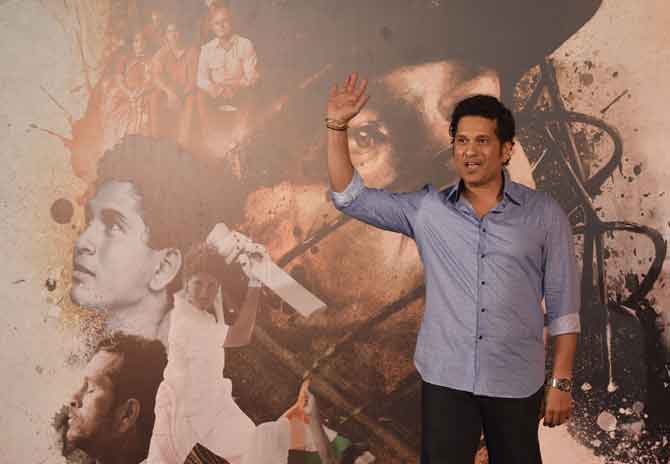 Former Indian cricketer Sachin Tendulkar gestures during the launch of the trailer of the upcoming film on his life "Sachin: A Billion Dreams" in Mumbai on April 13, 2017. Pic / AFP