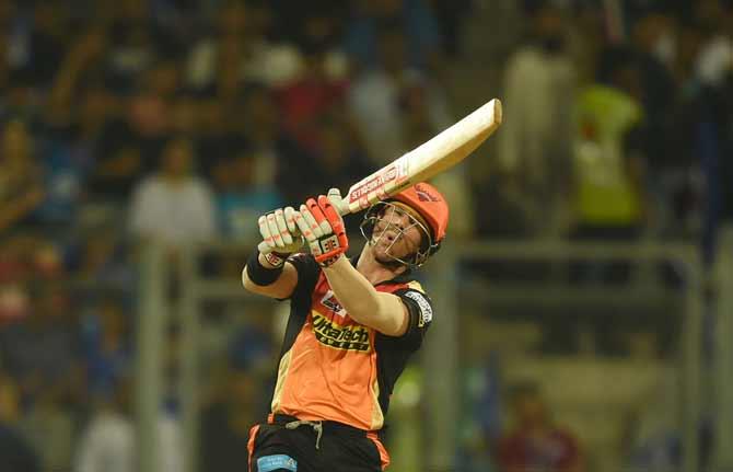 Sunrisers Hyderabad skipper David Warner in action against Mumbai Indians at Wankhede stadium on Wednesday.