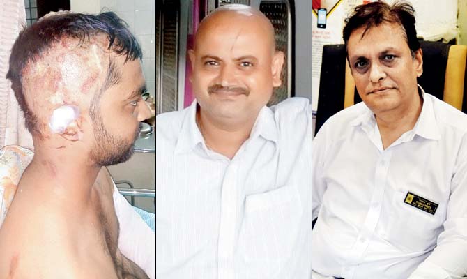 (From left) Abhishek Shukla, who fell off the local near Malad, motorman C A Thakur and stationmaster Prabhat Dube