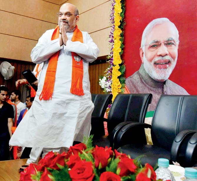 BJP national president Amit Shah at the party meeting during his three-day visit to Bhopal, on Friday. Pic/PTI