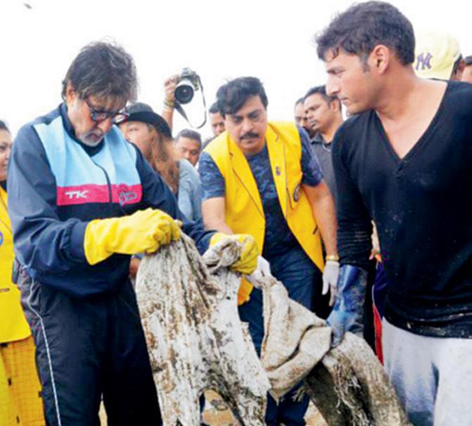 Amitabh Bachchan during the beach clean-up at Versova on Sunday