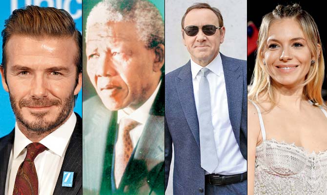 David Beckham, Nelson Mandela,  Kevin Spacey and Sienna Miller. Pics/AFP