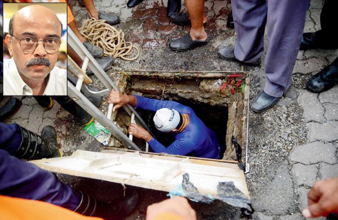 Divers were being used in the search operation to trace Dr Deepak Amrapurkar (inset) who had fallen into an open manhole opposite India Bulls 1 building on Tuesday. File pics