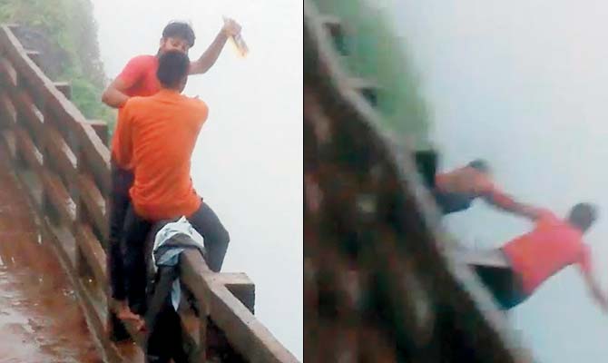 Grabs from the video showing the youths climbing over and falling