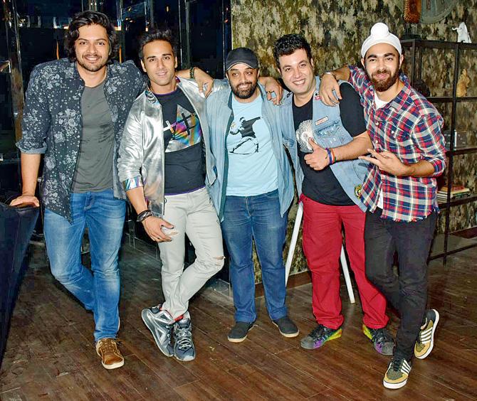 (Left to right) Fazal, Pulkit Samrat, Lamba, Sharma and Manjot Singh on set
