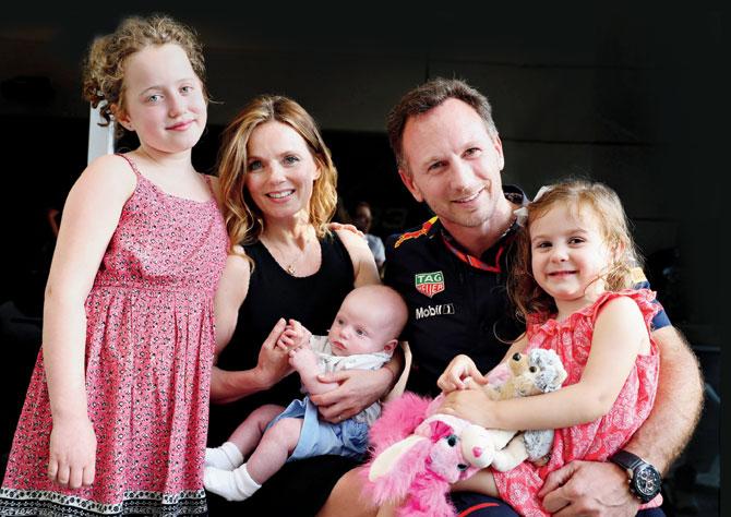 Christian and Geri Horner with their children Bluebell (left), Monty (centre) and Olivia (right). Pics/Getty Images