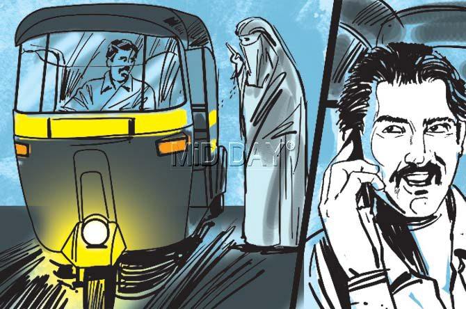Mannabi leaves her relatives’ home in Borivli and manages to hail an auto. She then sees him make a call on his cellphone in a language she can’t decipher. Illustration/Ravi Jadhav
