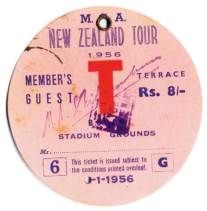 A badge to attend the 1955-56 India vs NZ Chennai Test