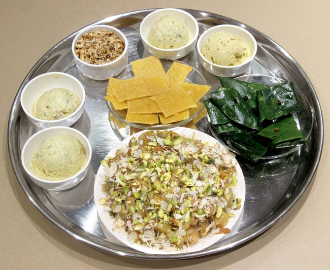 Pineapple Halwa, Kesar Pista Sancha Ice Cream, Amba Roti, Paan and Mukhwaas
