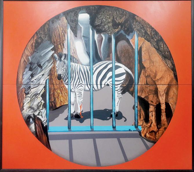 The 6x5 ft painting is a metaphor for pining for freedom while trapped behind bars