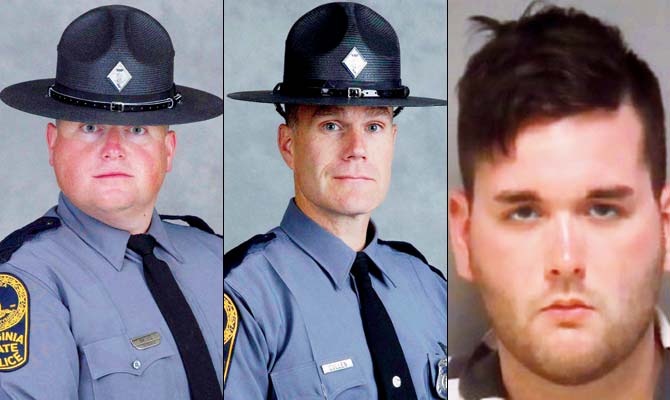 Deceased cops Virginia State Police show Trooper-Pilot Berke MM Bates, and Lt. H. Jay Cullen (right) James Alex Fields, Jr, suspected of ploughing into protesters