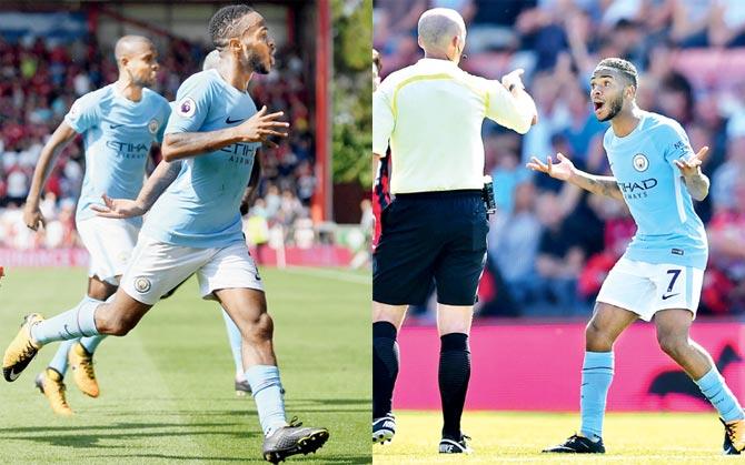 An ecstatic Raheem Sterling of Manchester City runs towards the crowd after scoring a late winner against Bournemouth on Saturday; (right) Raheem Sterling gestures after he receives his second yellow card from referee Mike Dean. Pics/Getty Images, AFP