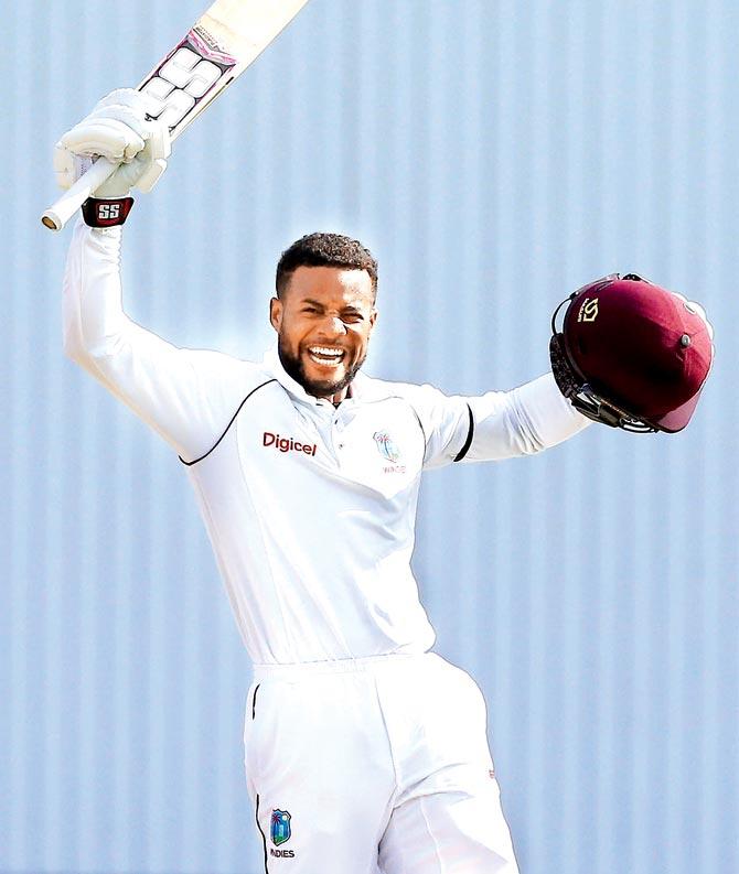 Shai Hope is jubilant after scoring his maiden century v England on Saturday. Pic/AFP