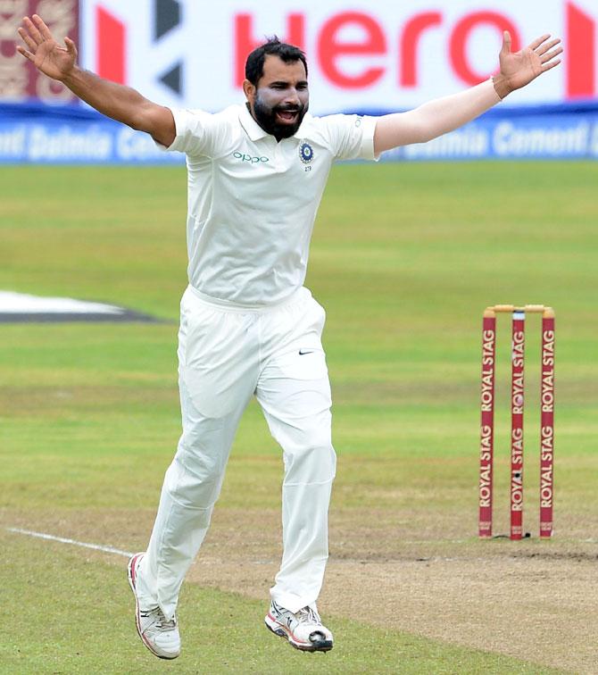 Indian cricketer Mohammed Shami unsuccessfully appeals for a Leg Before Wicket (LBW) decision against Sri Lankan cricketer Malinda Pushpakumara during the third day of the third and final Test match between Sri Lanka and India at the Pallekele International Cricket Stadium in Pallekele on August 14, 2017. Pic/AFP