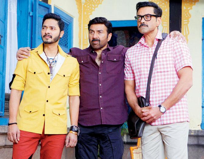 Shreyas Talpade, Sunny and Bobby Deol in a still from upcoming film Poster Boys