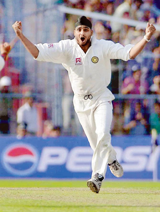 Harbhajan Singh is ecstatic after claiming the wicket of Australia’s Shane Warne for a hat-trick at Eden Gardens in 2001