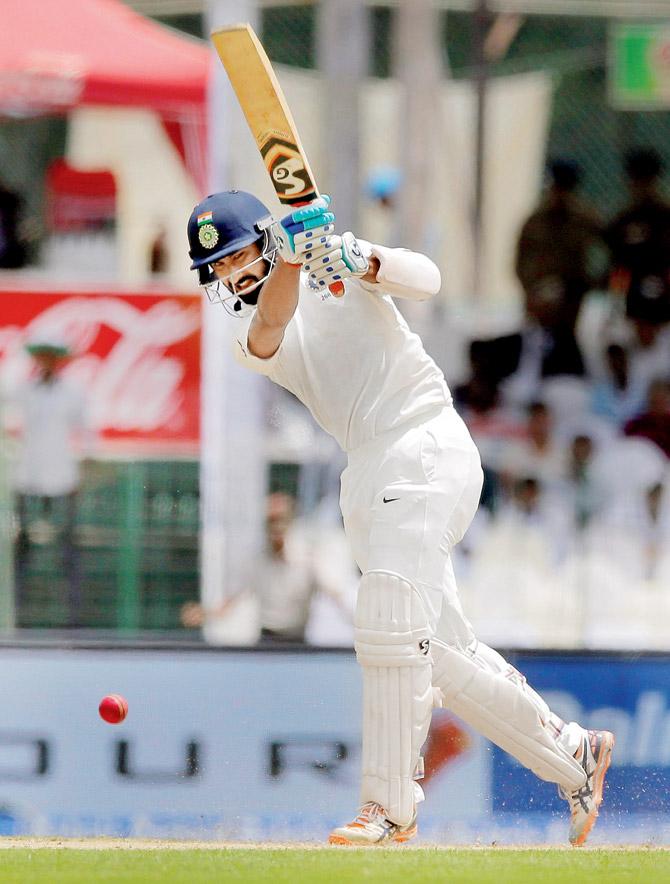 Cheteshwar Pujara plays an on-drive during his 133 in the first innings of the second Test against Sri Lanka on Thursday. Pic/AP, PTI