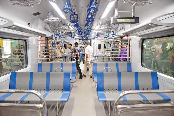 The new AC train has automatic doors and walkthrough compartments with a single class and fare for all passengers.Pics/Suresh Karkera
