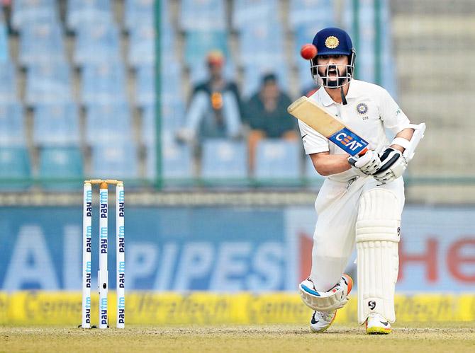 Indias Ajinkya Rahane on Day Four of the third Test against  SL in New Delhi yesterday. PIC/AFP