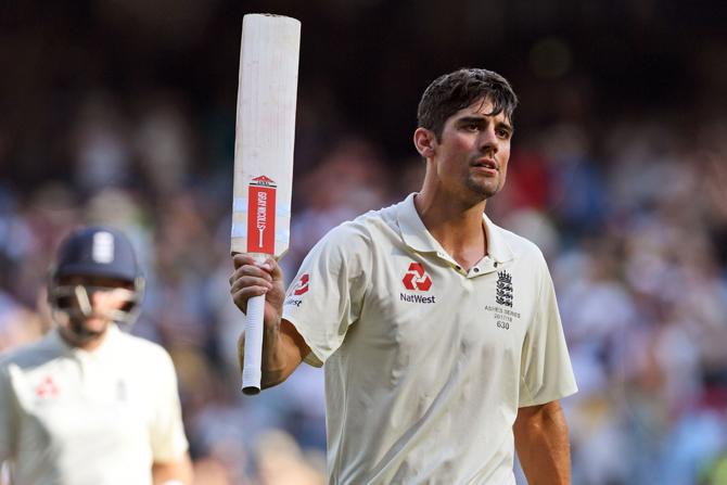 Englands batsman Alastair Cook celebrates scoring his century against Australia on the second day of the fourth Ashes cricket Test match at the MCG in Melbourne on December 27, 2017. Pic/ AFP 