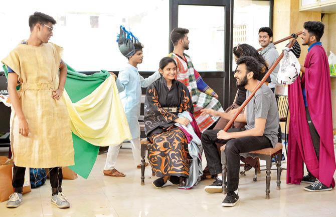 A rehearsal in progress; writer-director Omkar Bhatkar (second from left) plays one of the elves