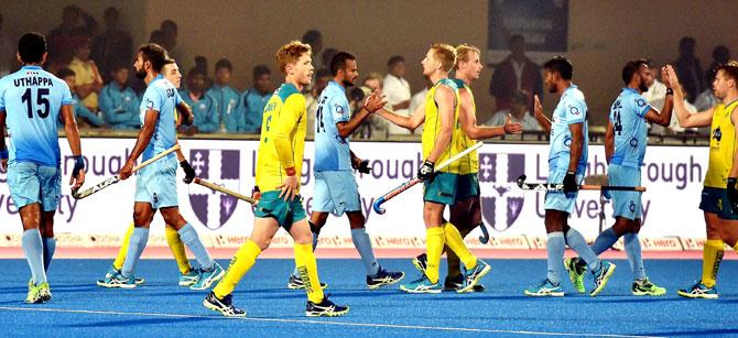 India and Austrailian players greet each other after 1-1 draw at the Men