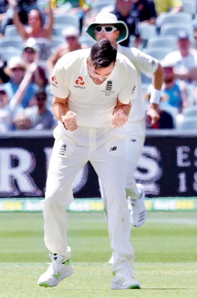 England pacer James Anderson is pumped up after claiming the wicket of Australias Peter Handscomb yesterday. PIC/AFP