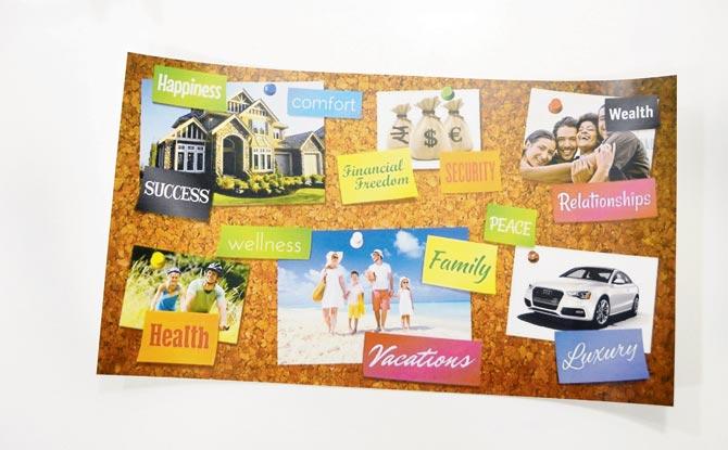 Law of Attraction coach Karishma Ahuja’s sample visualisation board with photos that represent what a person may desire
