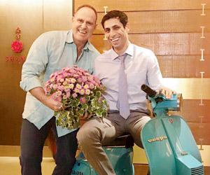 Ashish Nehra and Matthew Hayden are all smiles on a scooter