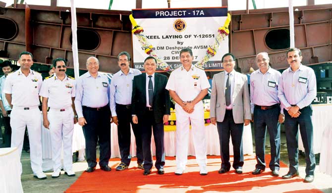 V Adm D M Deshpande, CWP&A, Cmde Rakesh Anand (retd), CMD, MDL; and Sanjiv Sharma, director (finance), along with senior officers from MDL and Navy at the keel-laying ceremony