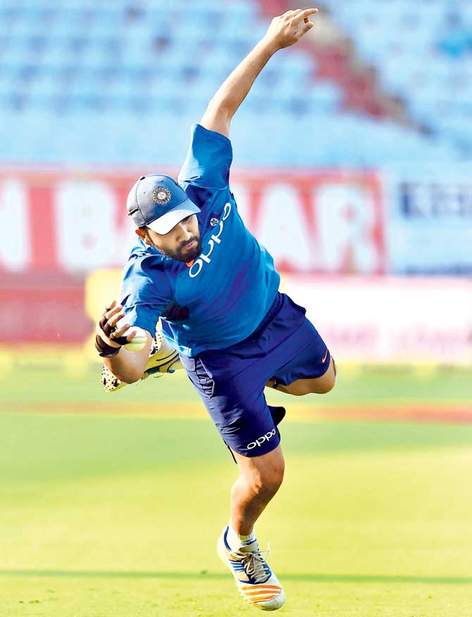 India ODI captain Rohit Sharma during a practice session on Saturday ahead of the third ODI against SL in Visakhapatnam. Pic/AFP