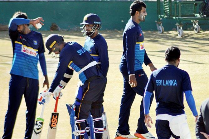 Sri Lankan players during practice session. Pic/ PTI