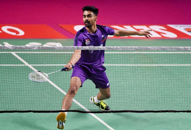 Sameer Verma of Mumbai Rockets in action against Wing Ki Wong Vincent of Delhi Dashers (unseen) during the 3rd edition of Premier Badminton League (PBL) 2017 in Guwahati on Monday. Pic/PTI 