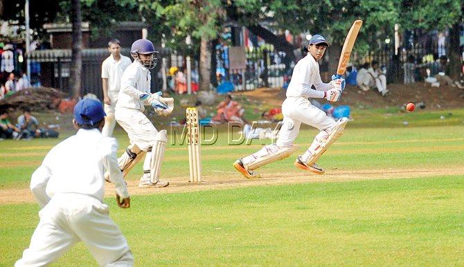 Saumil Malandkar of Al-Barkaat school turns one to the leg side in the Harris Shield final against Swami Vivekanand at Bombay Gymkhana. The one-drop batsman scored an invaluable 92 for his school. PICs/SAYYED SAMEER ABEDI 