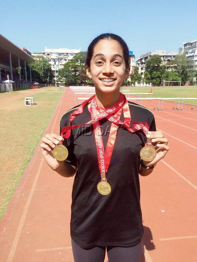 Sharvari with her three gold medals. Pic/Akshay Jagtap