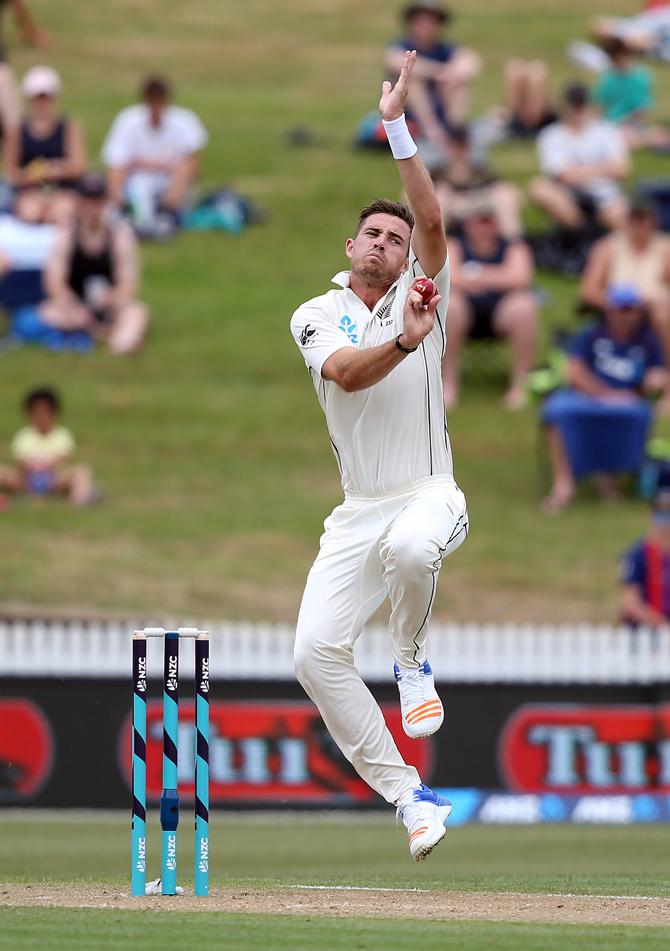 Tim Southee of New Zealand bowls during day two of the second Test cricket match between New Zealand and the West Indies at Seddon Park in Hamilton on December 10, 2017. Pic/ AFP